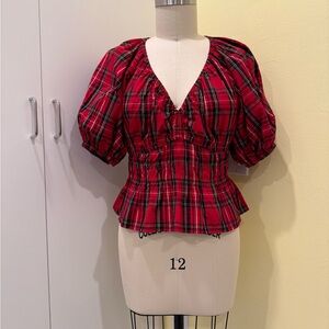 Old Navy Plaid Puff Sleeve Peplum Top